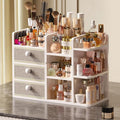 Large Makeup Organizer Countertop With Brush Holder Drawer For Vanity,Bamboo Bathroom Counter Organizers And Storage,Cosmetic