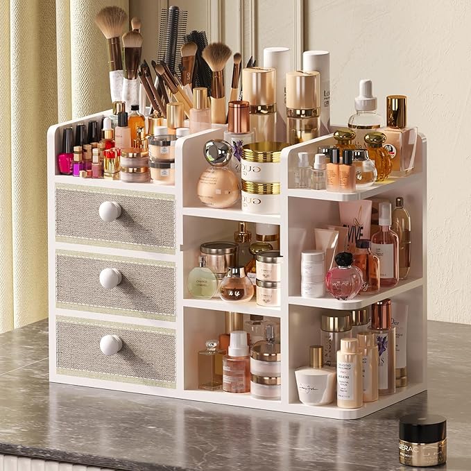 Large Makeup Organizer Countertop With Brush Holder Drawer For Vanity,Bamboo Bathroom Counter Organizers And Storage,Cosmetic