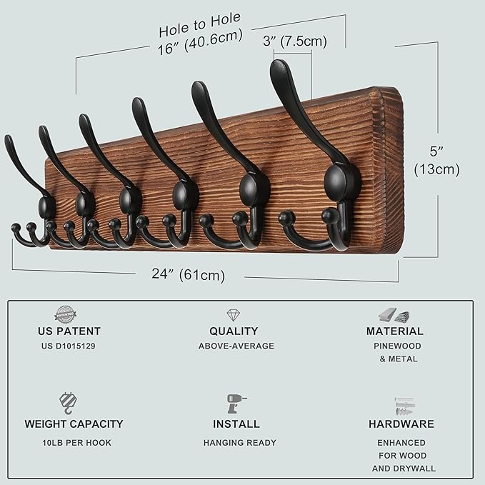 Dseap Coat Rack Wall Mounted - 24" Long 6 Tri Hooks, Heavy Duty Wooden Wall Coat Hanger Coat Hook for Clothes Hat Jacket Clot