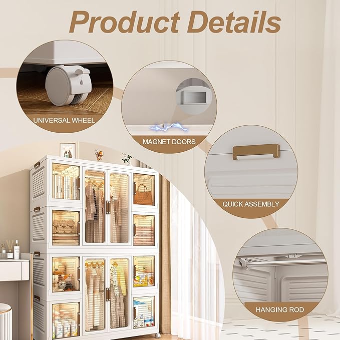 Portable Wardrobe Closet Storage Organizer for Clothes, Plastic Collapsible Closet Organizer with Magnetic Transparent Door, 