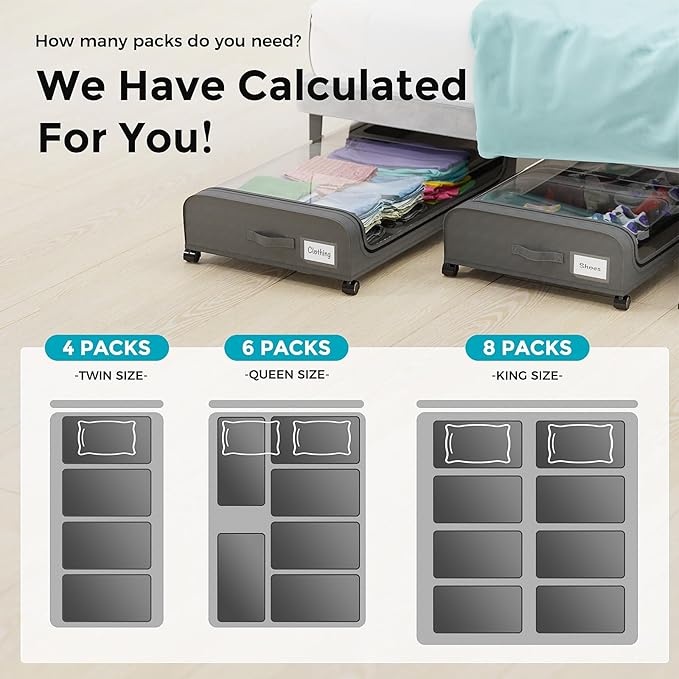 oylik 4 Pack Under Bed Storage with Wheels, Under Bed Shoe Storage Larger Capacity with PVC Clear Window & Label, Under the B