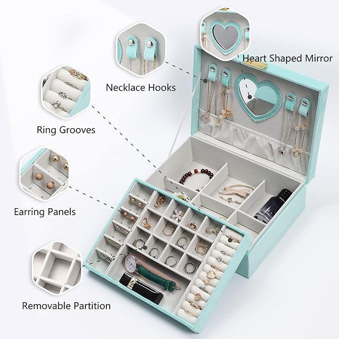 Dajasan Jewelry Boxes for Women Girls, Jewelry Organizer Box, 2-Layer Large Velvet Jewelry Box for Rings Necklaces Bracelets 
