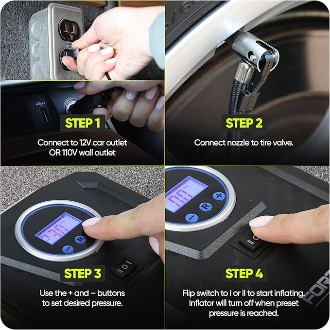 FORTEM Tire Inflator Portable Air Compressor, Air Pump for Car Tires and Bikes, Car Tire Pump w/Auto Shut Off, 150 PSI, 110V AC 12V DC, LED Light, Carrying Case, for Men, Women