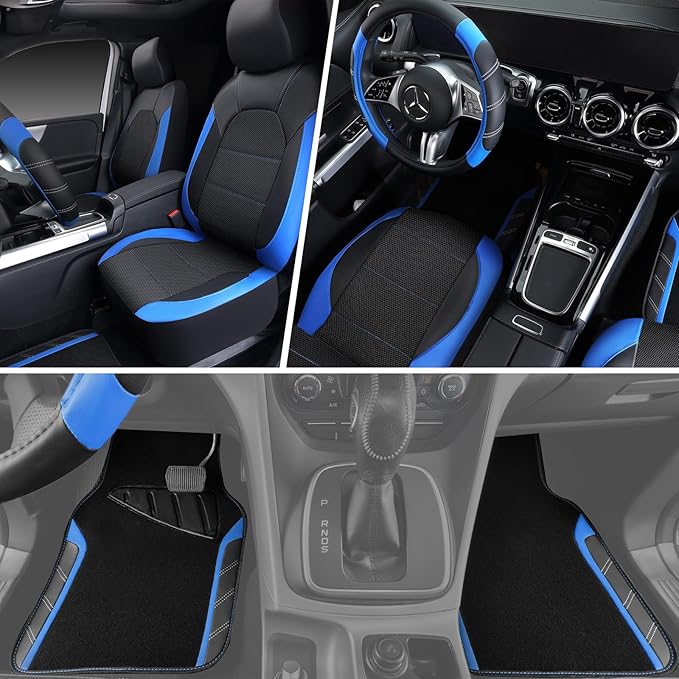 CAR PASS Air Mesh Leather Car Seat Covers Full Set, Waterproof Car Floor Mats, Sporty Steering Wheel Cover 14.5-15in, Univers