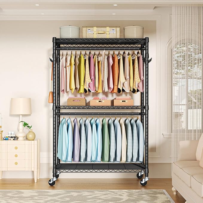 FUTASSI P1 Plus Rolling Clothes Rack, 22mm Diameter Heavy Duty Garment Rack with Wheels, Portable Closet Wardrobe with Double