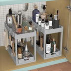 2PC Under Sink Organizer Rack 2 Tier Under Sliding Cabinet Basket Organizer Drawer with 4 Hooks, Multi-purpose Under Sink Sto