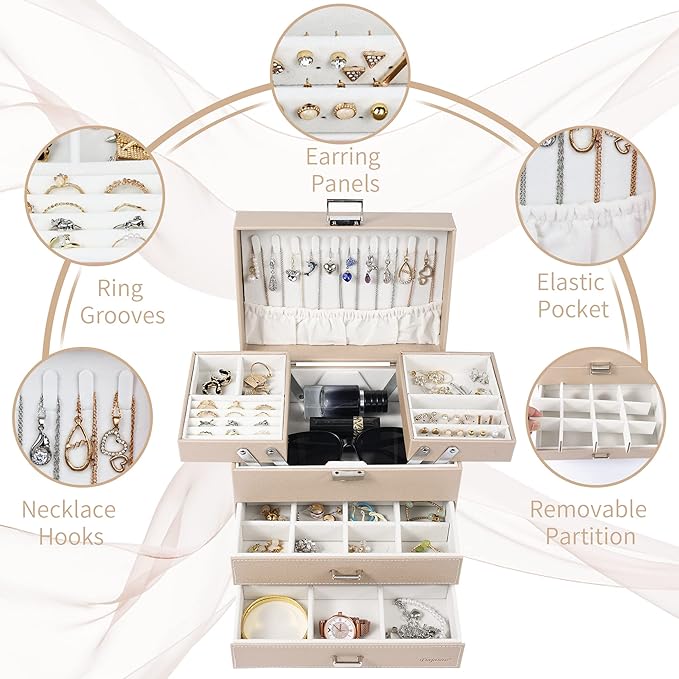 Dajasan Jewelry Organizer Box, Large Jewelry Boxes for Women Girls, Space-Saving 4 Layers Jewelry Storage Case with Drawer, M