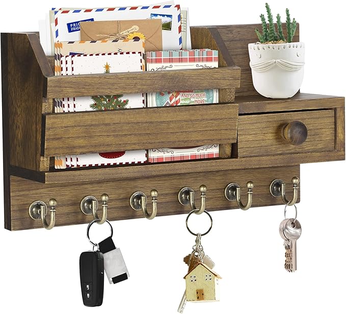 VIS'V Key Holder Wall Mount, Wooden Mail and Key Organizer with Drawer and Shelf, 2 Slots, 6 Hooks, Brown