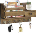 VIS'V Key Holder Wall Mount, Wooden Mail and Key Organizer with Drawer and Shelf, 2 Slots, 6 Hooks, Brown