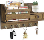 VIS'V Key Holder Wall Mount, Wooden Mail and Key Organizer with Drawer and Shelf, 2 Slots, 6 Hooks, Brown