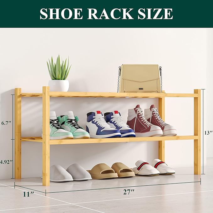 Smiry Shoe Rack, 2 Tier Bamboo Shoe Organizer, Stackable Free Standing Wooden Shoe Storage Shelf for Closet, Entryway, Front 