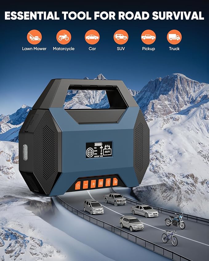 2500A Car Jump Starter with Air Compressor - 120PSI Tire Inflator, 40W Fast Charging, 48.84Wh Portable Power Bank, Voltage