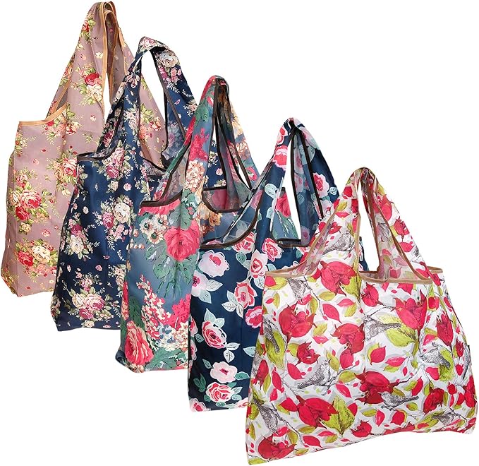 allydrew Large Foldable Tote Nylon Reusable Grocery Bags, 5 Pack