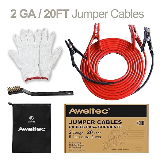 Heavy Duty Jumper Cables,2 Gauge 20 Feet Booster Battery Cable,Automotive Wires with Alligator Clips,Carrying Bag,Safety Gloves and Iron Brush for Cars Truck