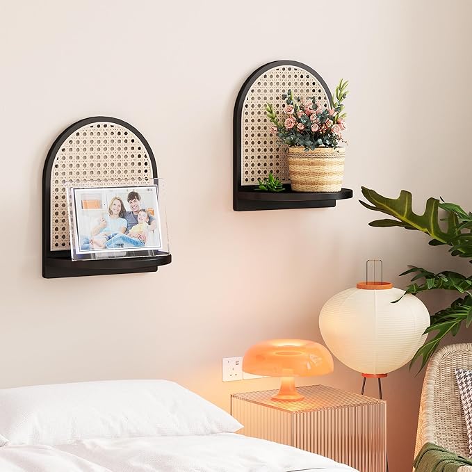 Rattan Shelf Set of 2, 7'' Black Rattan Shelf with Wicker Decor, Boho Wall Decor Small Floating Shelf for Plant Figurines Dis