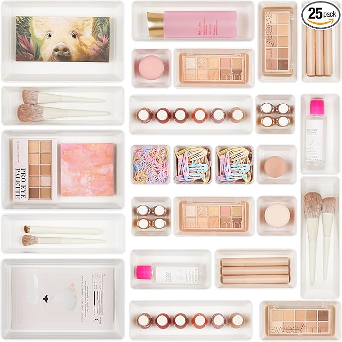 Vtopmart 25 PCS Plastic Drawer Organizers Set, 4-Size Versatile Bathroom and Vanity Drawer Organizer Trays, Storage Bins for 
