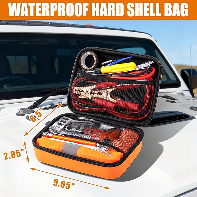 AUTODECO Car Roadside Emergency Kit, Car Safety Kit Portable Car Kits for Emergency with Jumper Cable, Safety Hammer, Orange