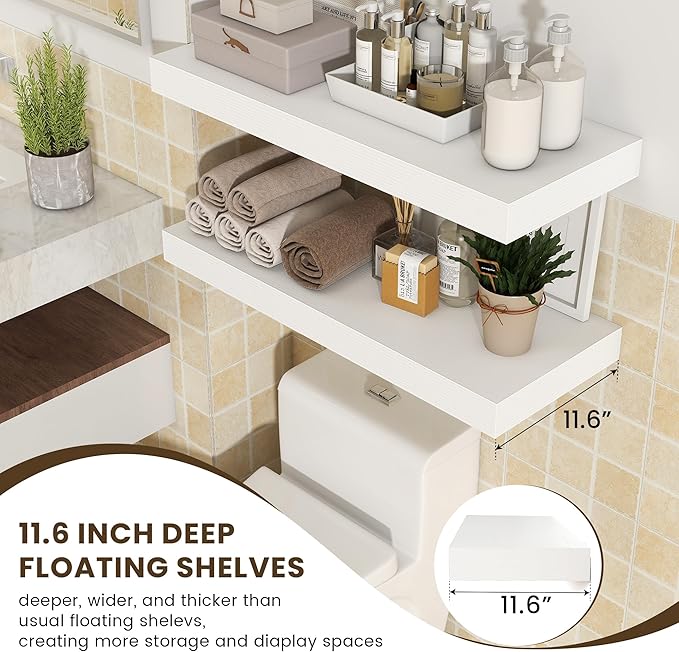 30 Inch Floating Shelves | 12 Inch Deep White Floating Shelves Set of 2 | 30" W x 12" D Rustic Wood Shelves for Wall | Deep W