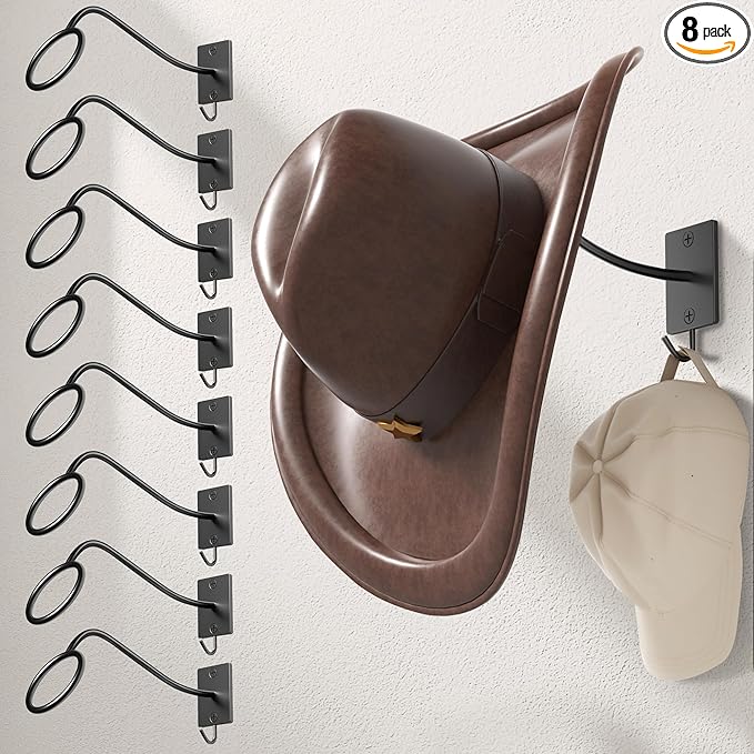 Cinati Cowboy Hat Rack for Wall 8 Pack, Cowboy Hat Holder Wall Mount, Western Rustic Metal Hats Hanger Hooks Organizer for Fe