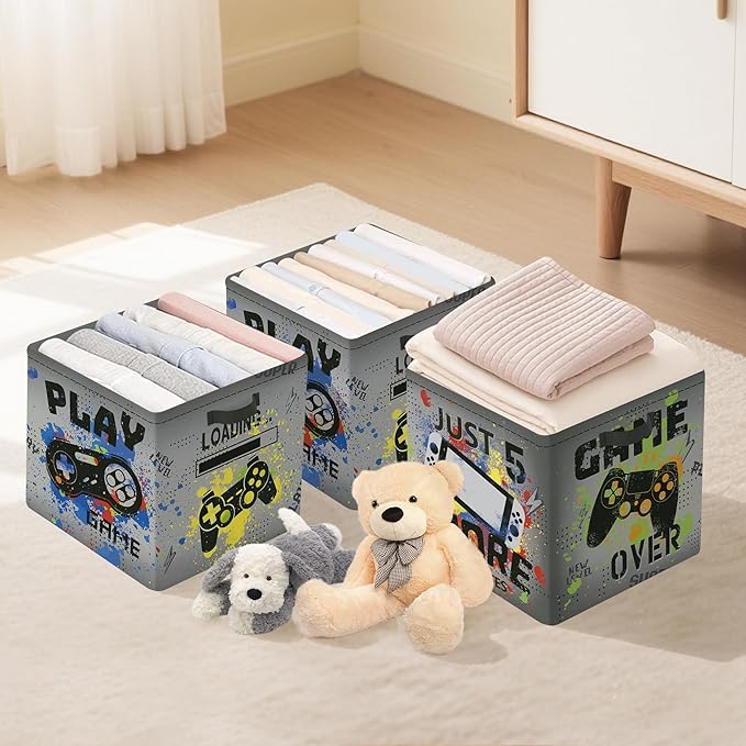 Clastyle Video Game Kid Storage Cube Organizer Set Black Gamepad Closet Clothes Cube Storage Bin Nursery Toddler Toy Box Ches