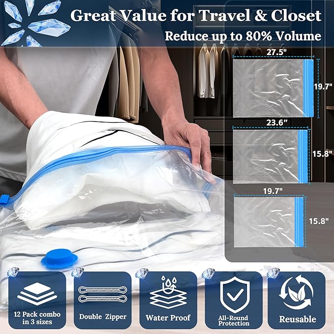Vacuum Sealing Bags for Clothing Travel,Space Saver Vacuum Storage Bags with Wireless Air Pump (12 Combo Bags+Electric Pump)