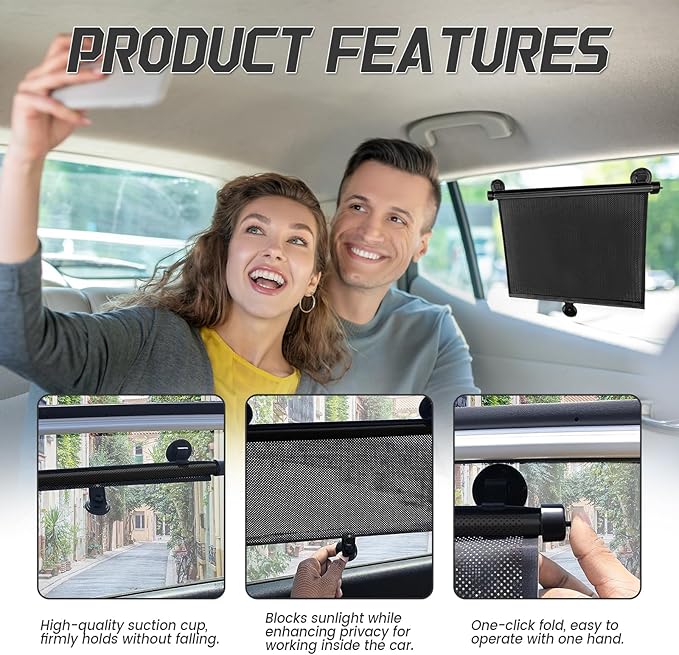 2PCS Car Window Shades for Baby, Retractable UV Protection Sun Shade, 18"×15" Side Window Sun Blocker with Suction Cups for Cars, SUVs, and Trucks