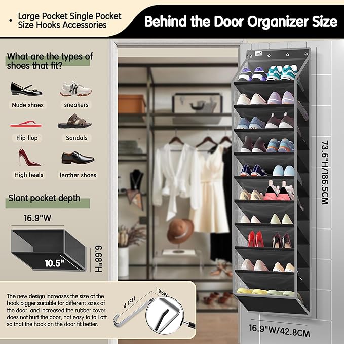Kotkn 10 Tier Over The Door Organizer - Heavy Duty Hanging Storage Rack with Sturdy Oxford Fabric, Holds 20+ Pairs of Footwea