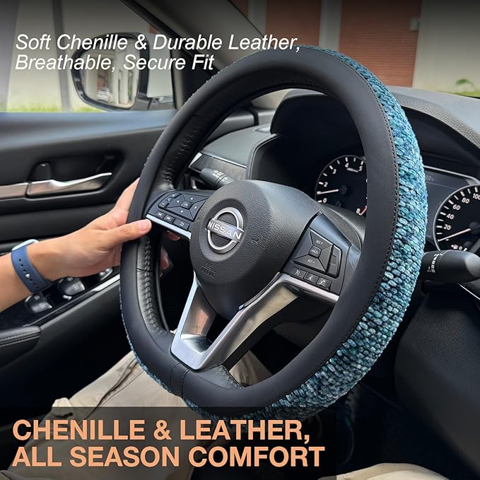 PINCTROT D Shaped Chenille Leather Steering Wheel Cover, Soft Mottled Colors, Sweat-Proof, Non-Slip Grip, All-Season Comfort,