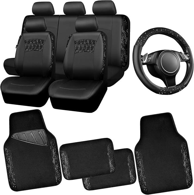 CAR PASS Universal Black Leather Lace Car Seat Covers Full Set for Women Girls,Waterproof Car Floor Mats Carpet,Glitter Steer