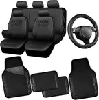 CAR PASS Universal Black Leather Lace Car Seat Covers Full Set for Women Girls,Waterproof Car Floor Mats Carpet,Glitter Steer