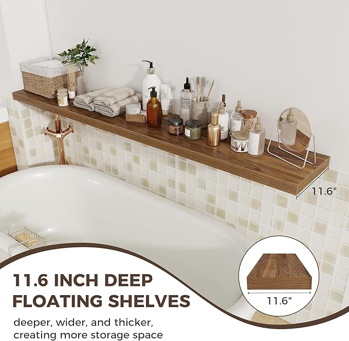 Fun Memories Walnut Deep Floating Shelves, 72 x 12 Inch Long Wall Shelves, Large Display Shelf & Storage Shelf, Wood Floating