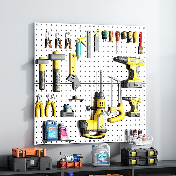 Peg Board, 68PCS Heavy Duty Metal Pegboard with Hooks, 4 Pack White Peg Board Panels, 50lbs Load Capacity Each, Pegboard Wall