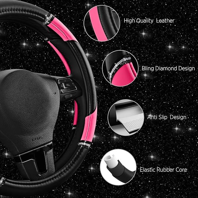 Road Comforts Leather Steering Wheel Cover - Made with PVC Leather - Anti-Slip, Universal Fit 14 1/2 inches to 15 inches - Ho