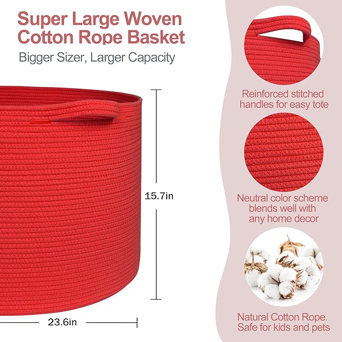 MEGASKET 115L Extra Large Red Basket for Organizing, 23.6"x15.7" Jumbo Woven Cotton Rope Bins for Blankets, Baby Nursery Laun