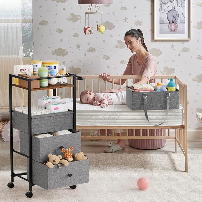 Modanais Baby Diaper Caddy Organizer Cart with Drawers - 3In1 Rolling Storage Cart with Wheels, Removable Diaper Caddy, Detac