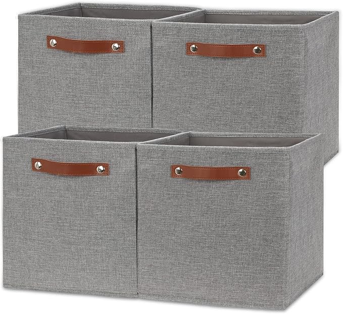 Temary 12x12 Storage Cube Bins 4 Pack Fabric Storage Cubes Storage Bins with Leather Handles, Storage Baskets Foldable Cube O