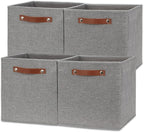 Temary 12x12 Storage Cube Bins 4 Pack Fabric Storage Cubes Storage Bins with Leather Handles, Storage Baskets Foldable Cube O