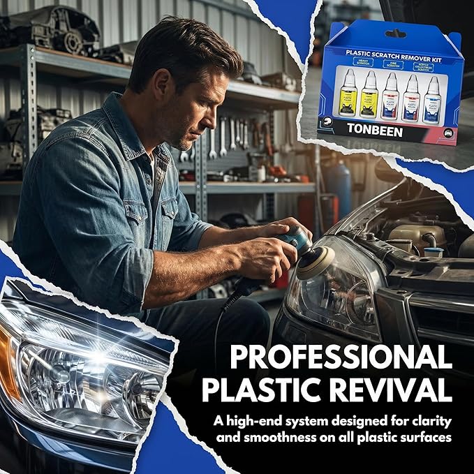 Plastic Scratch Remover & Polish Kit, 3-Level Plastic Restorer for Light to Heavy Scratches, Improves Clarity on Headlight Covers, Acrylic, Plexiglass & Plastic Surfaces, 5-Piece Set (150ml Total)