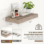 12 Inch Deep Floating Shelves | 24 Inch Grey Floating Shelves | 24''W x 12''D Rustic Grey Wood Shelves for Wall | Deep Wood S