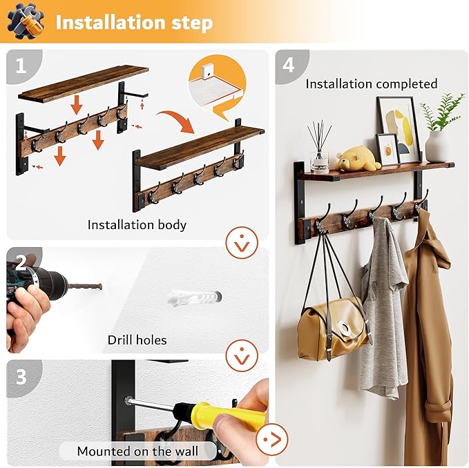 Oraich Coat Rack Wall Mount with Hooks and Shelf for Coat, Backpack, Key, Clothes Hanger, Wall Floating Shelf for Entryway, L
