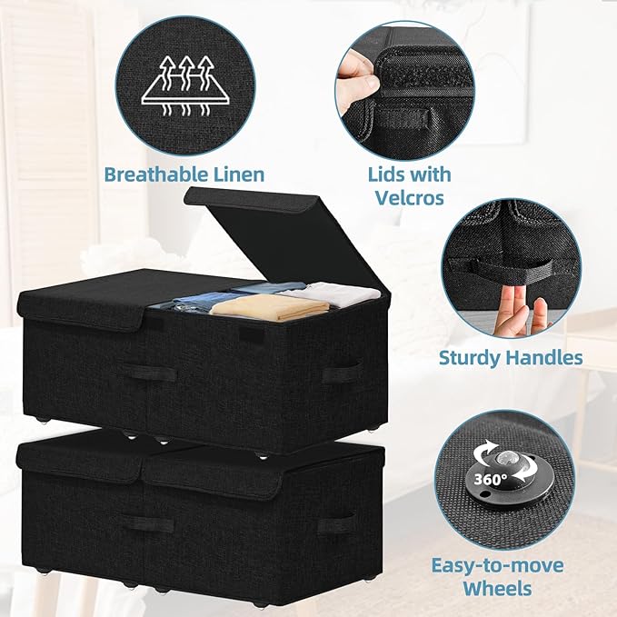 Under Bed Storage Container with Wheels, 2 Pack 10" High Deep Underbed Rolling Box Storage Bins Drawers with Lids for Bedroom