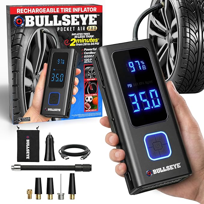 POCKET AIR PRO Tire Inflator Portable Air Compressor by Bullseye Pro for Tires, Balls, Bike with Persta Valve, Auto Shut Off, Inflates in 2 Min, Cordless Rechargeable 6000MAH,150 PSI, SoS Light