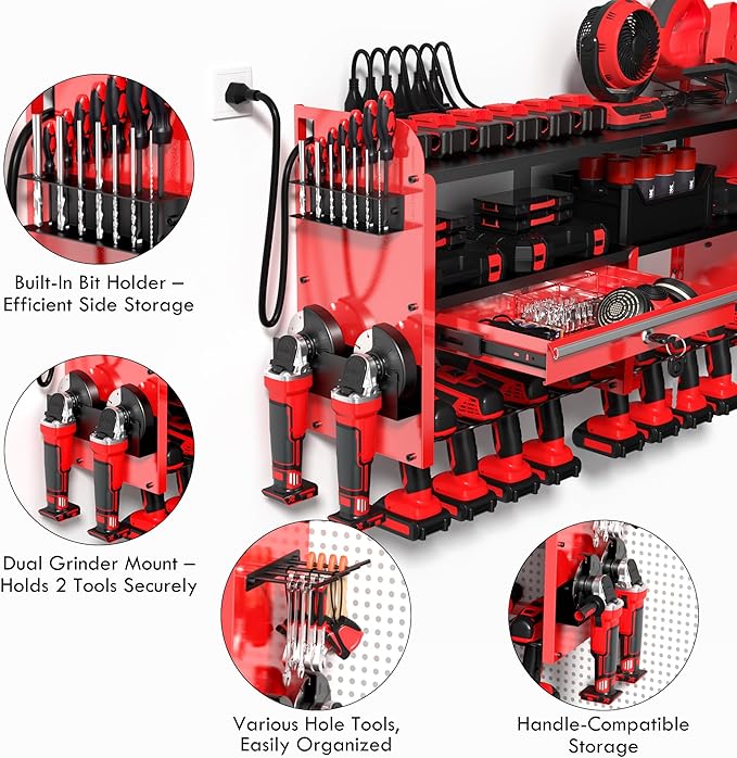 KSVO Power Tool Organizer Wall Mount with Drill Rack, Grinder Holder, Hammer & Pliers Rack, Locking Drawers, 6-Outlet Chargin