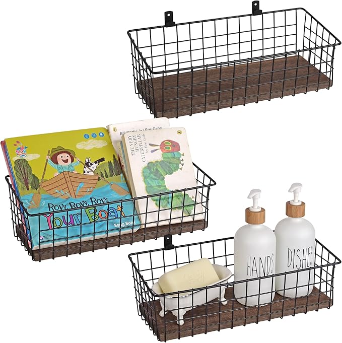 Wall Hanging Baskets 3 Pack, Diversified Wire Basket Shelves of Wooden Style, with Wall Mounted Hooks & Traceless Stickers, f