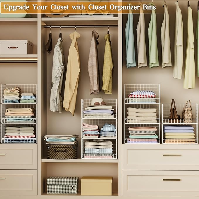 Yociyoga Closet Organizers and Storage Basket- 3-Tier Stackable Storage Bins, Foldable Closet Shelf Organizer Basket, Stackab