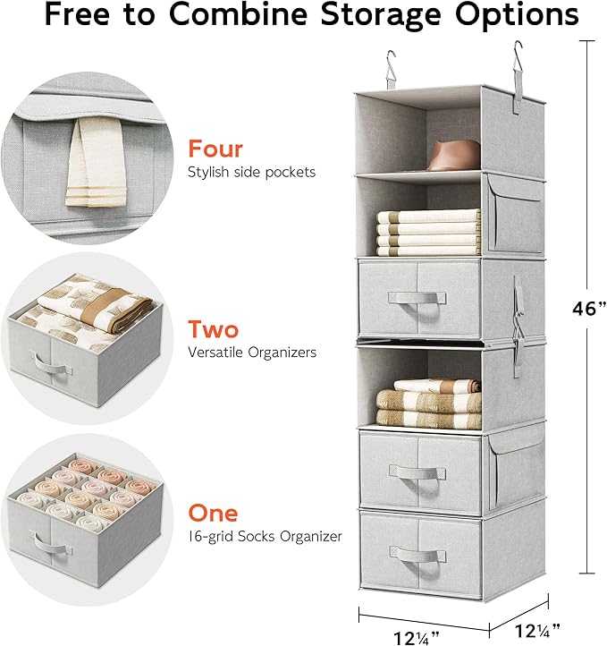 Vailando 6-Shelf Hanging Closet Organizer with 3 Drawers, 2 Separable 3-Shelf Closet Organizers and Storage for Wardrobe Orga