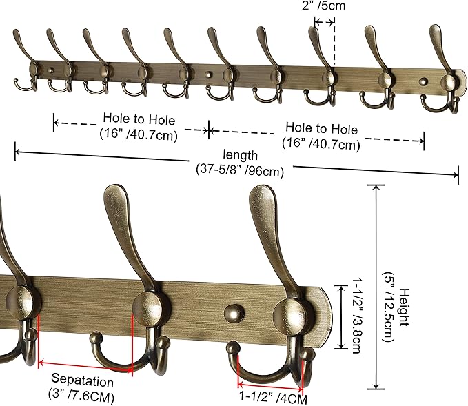 Dseap Coat Rack Wall Mount - 38” Long 10-Tri-Hooks Heavy Duty Coat Hanger Rail Wall Hooks for Hanging Coats Hats Clothing Clo
