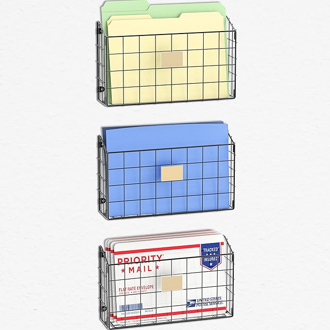 Simple Houseware Grid Single Pocket Wall Mount File Holder with Tag Slots, 3 Packs, Black