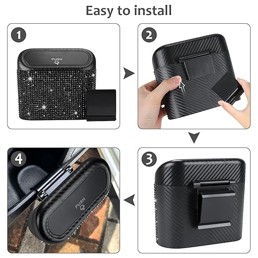 Accmor Bling Car Trash Can with Lid, Mini Vehicle Trash Bin, Car Dustbin Garbage Organizer with 60 Trash Bag, Leakproof Auto Storage Bag Container for Car, Home, Office (Carbon Fiber&Black Rhinestone)