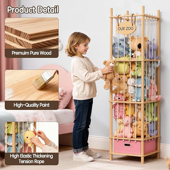 Brelley Stuffed Animal Storage Wood Toy Storage Organizer with Drawer, Large Toy Chest Stuffed animal holder for Kids Nursery